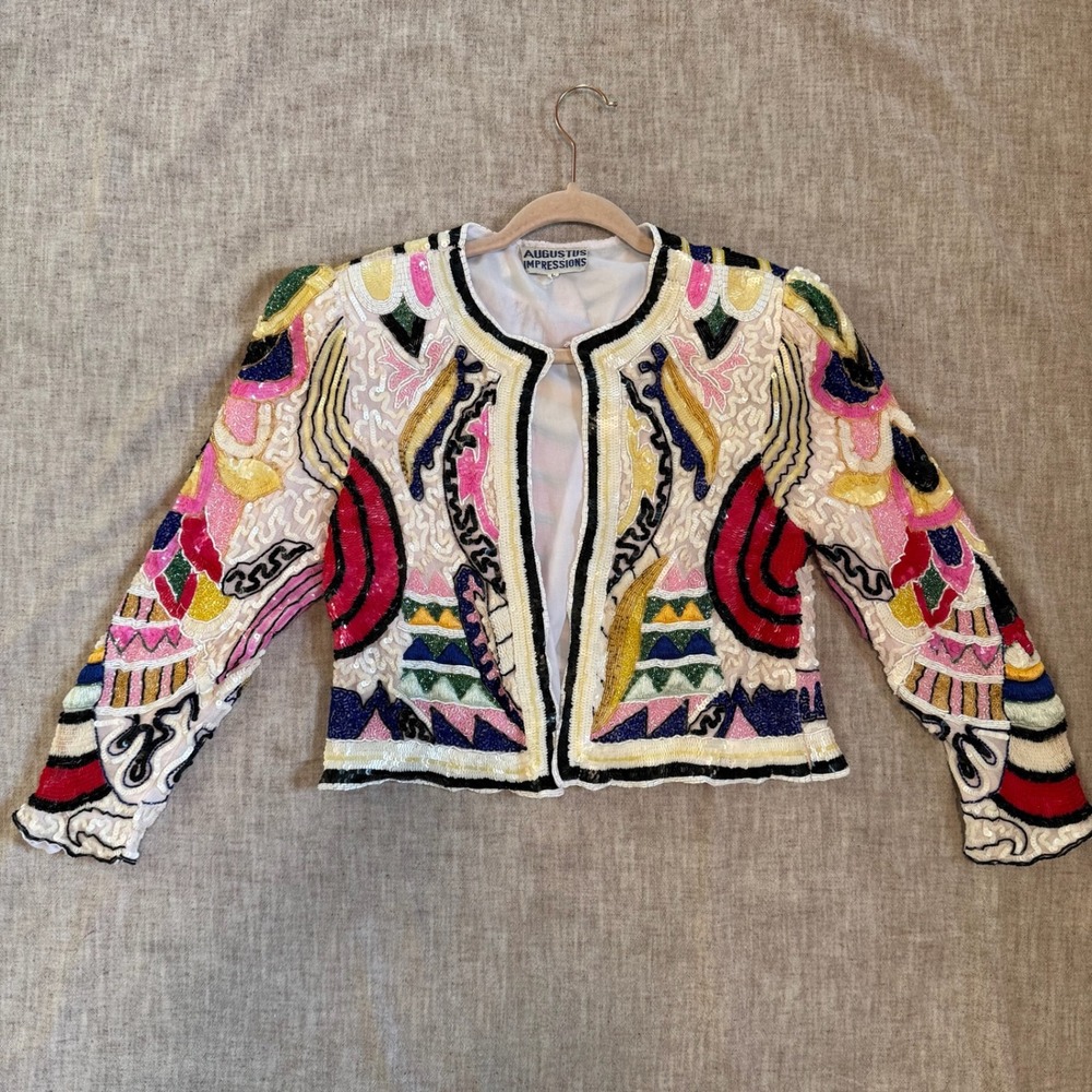 Augustus Impressions Beaded Silk Jacket L Multicolor Abstract Sequin Vintage